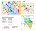 موقعیت منطقه و میادین مورد مطالعه  (A) عناصر ساختاری مهم (B)  فرو افتادگی بینک، بلندی‌های خفجی-نوروز و خارگ-میش